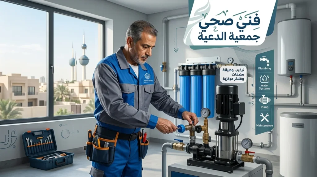 فني صحي جمعية الدعية يقوم بضبط وصيانة مضخة مياه وسخان مركزي