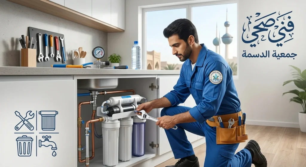 فني صحي جمعية الدسمة يقوم بصيانة وتثبيت فلتر مياه المطبخ في الكويت