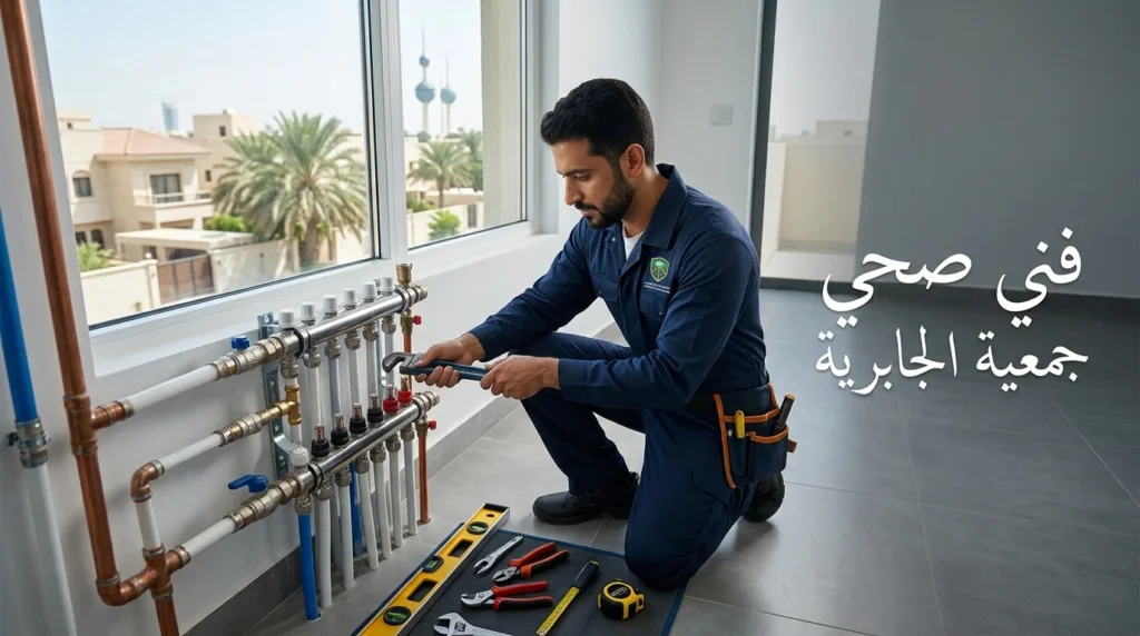 فني صحي جمعية الجابرية يقوم بصيانة أنظمة السباكة والمواسير