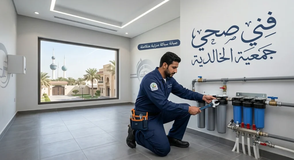 فني صحي جمعية الخالدية يقوم بصيانة وتركيب فلتر مياه مركزي في الكويت
