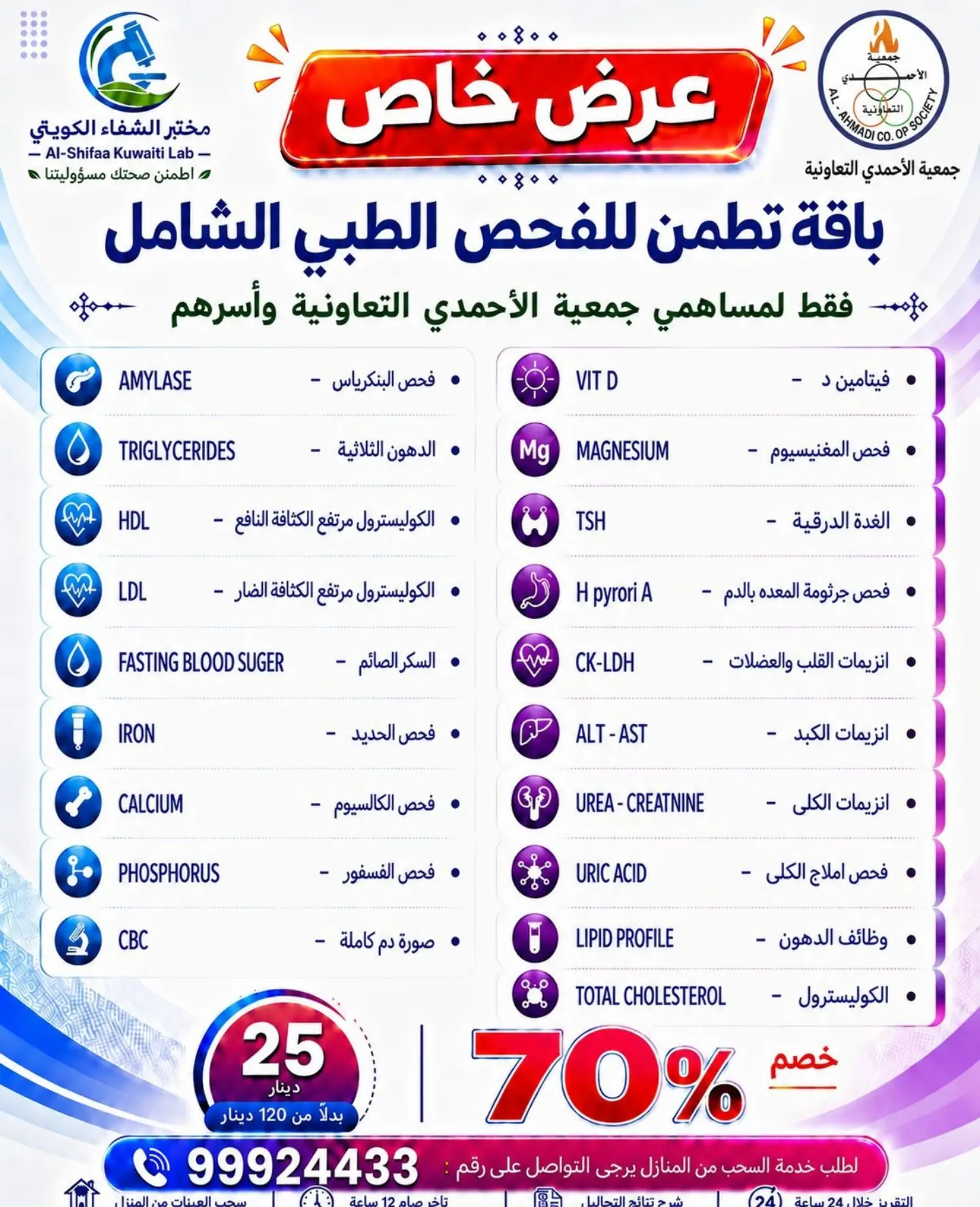 عرض مختبر الشفاء الكويتي باقة الفحص الطبي الشامل لمساهمي جمعية الأحمدي التعاونية