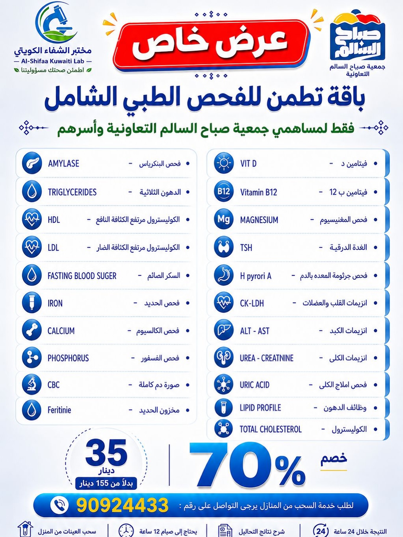 عرض مختبر الشفاء الكويتي باقة الفحص الطبي الشامل لمساهمي جمعية صباح السالم التعاونية