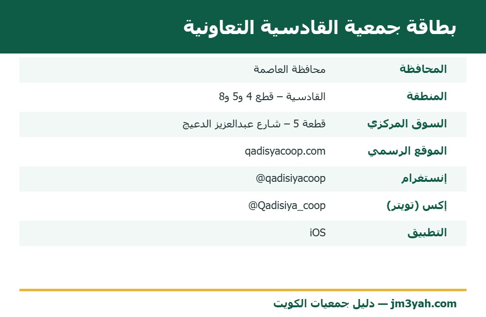بطاقة معلومات جمعية القادسية التعاونية